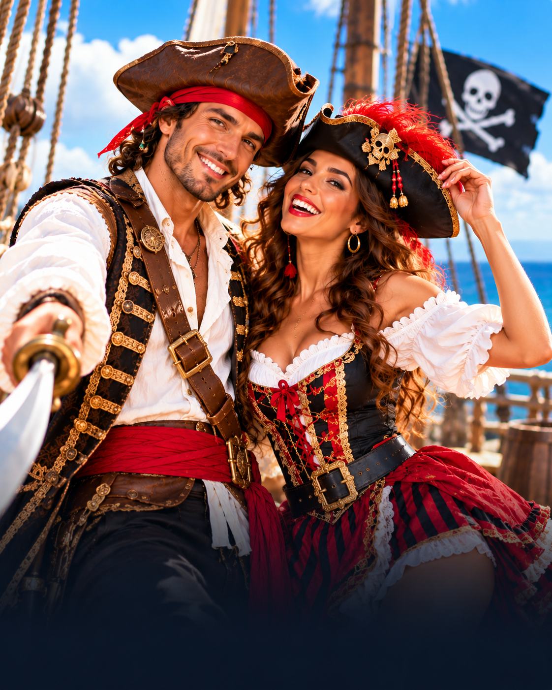 Happy pirate couple wearing colorful matching costumes on a sunny pirate ship